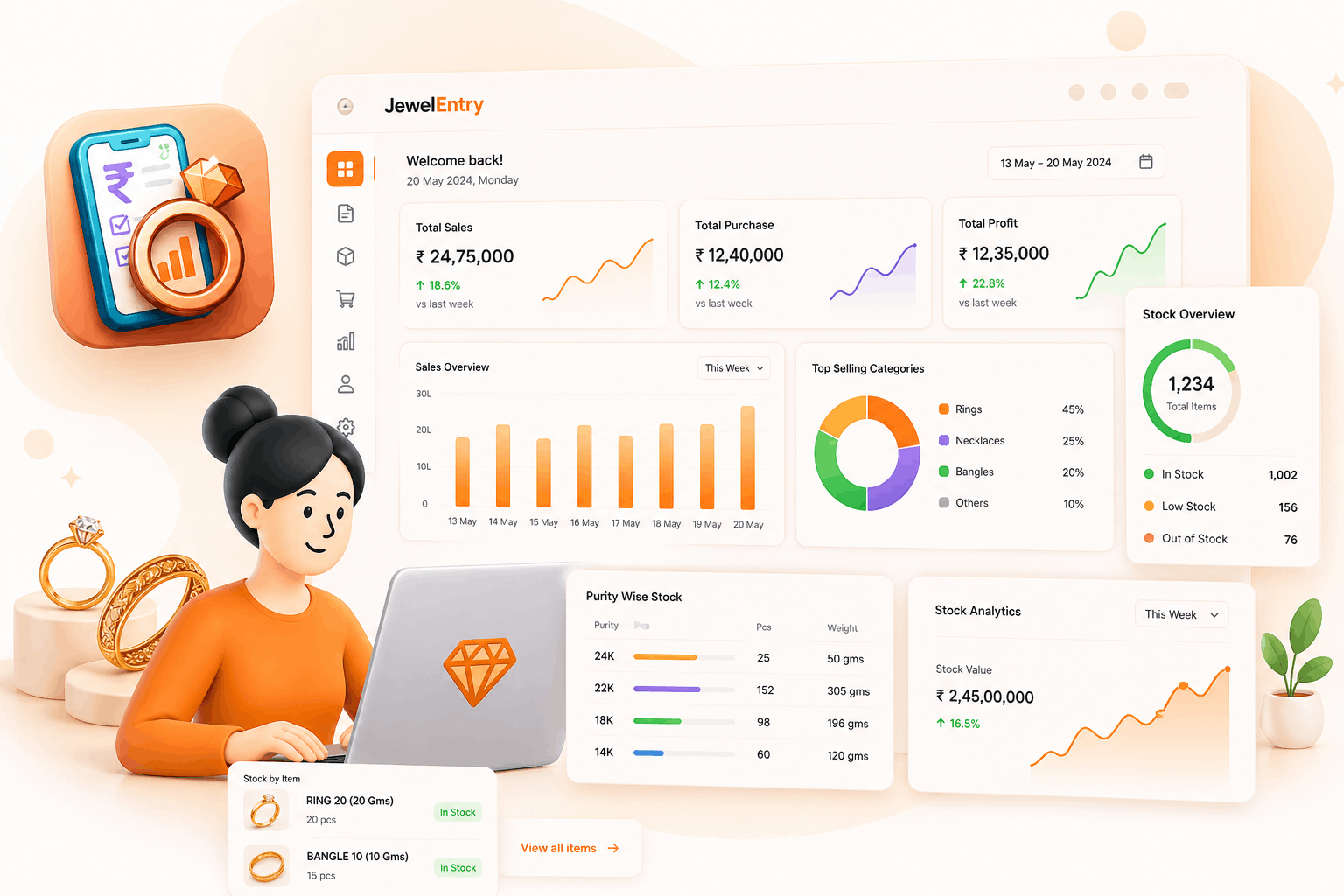 JewelEntry — jewellery business ERP dashboard showing inventory, billing and GST